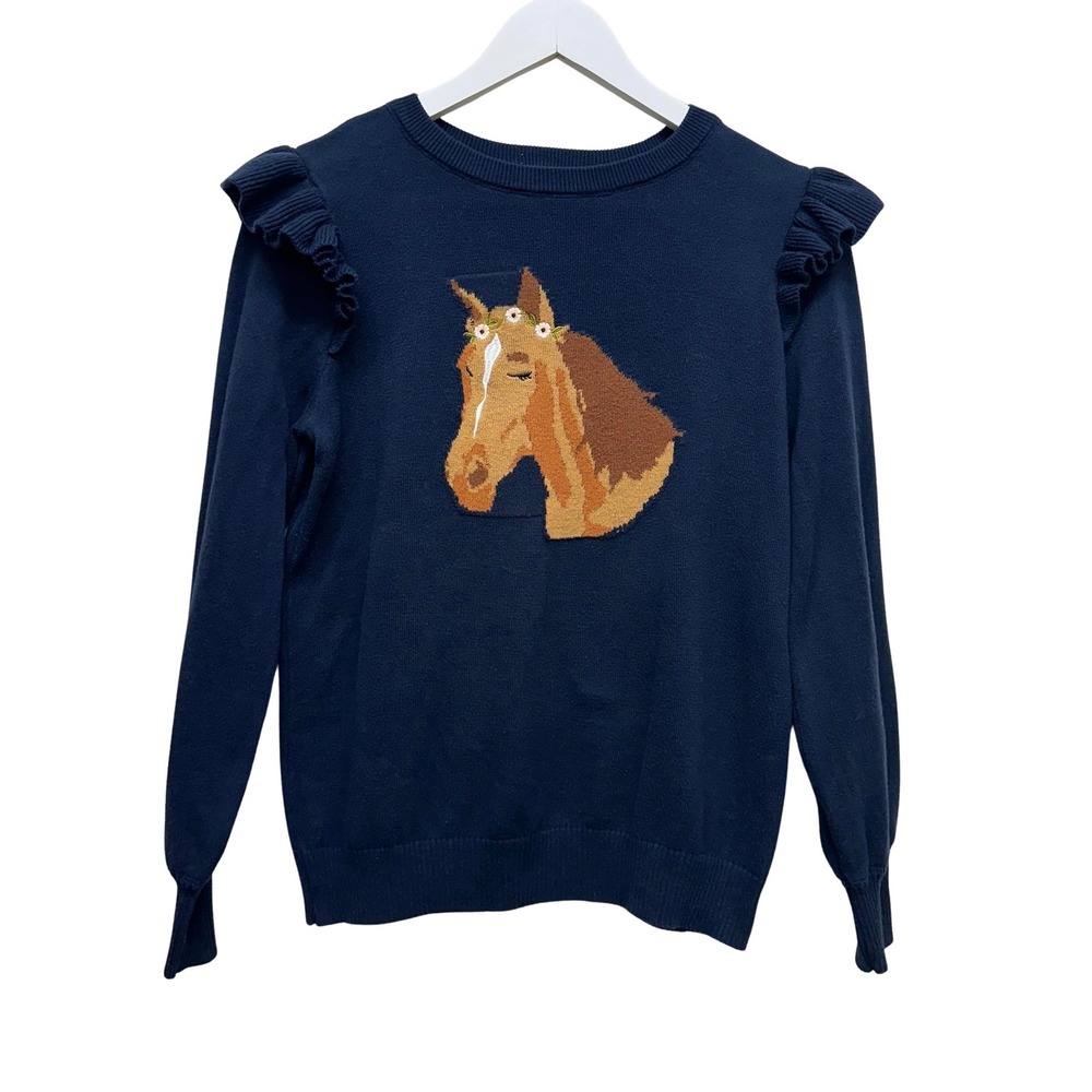 Margaux & Lexi Navy Blue Ruffle Shoulder Horse Intarsia Knit Sweater Small